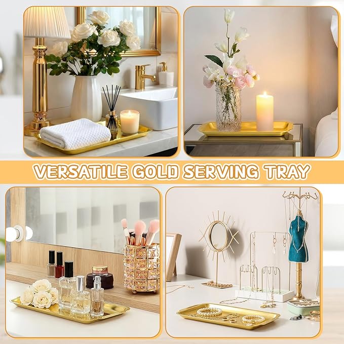 Gold 12 Pcs Small Stainless Steel Serving Tray Bulk 8.66'' x 4.33'' Rectangle Stainless Steel Food Serving Platter with Handle Vanity Tray Decorative Party Plate for BBQ Buffet Appetizer