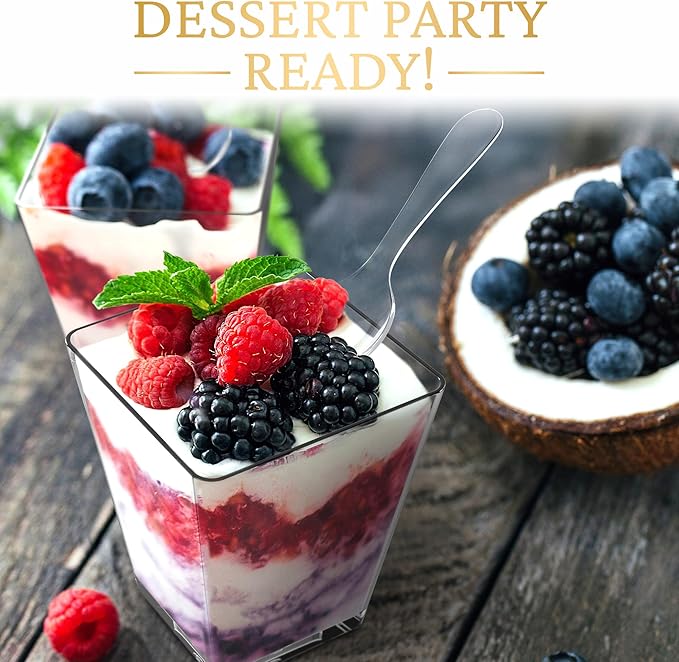 Mini Dessert Cups with Spoons (50 PACK) (Clear Spoons) (No Lids) – 5 oz Plastic Appetizer Cups for Parfait – Reusable Mini Square Dessert Cups for Events, Parties, & More - BPA Free Catering Supplies