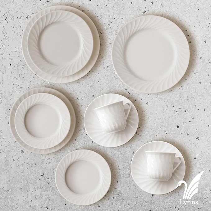 Lynns Paradise Imperial White 40pc Dinnerware Set Embossed Swirl Porcelain, Elegant Versatility, Glossy Classic Finish Service for 8 with Dinner Plates, Bowls, Cups, and Saucers