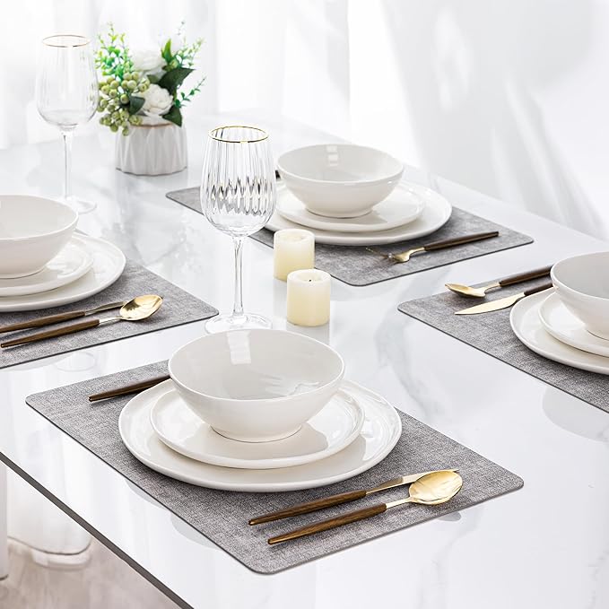 LERATIO Ceramic Dinnerware Sets for 6,Porcelain Plates and Bowls Sets with Wavy Edge, Oven &Microwave & Dishwasher Safe,Light Weight & Scratch Resistant Dishes Sets-Service for 6 (18pcs)-Peal White