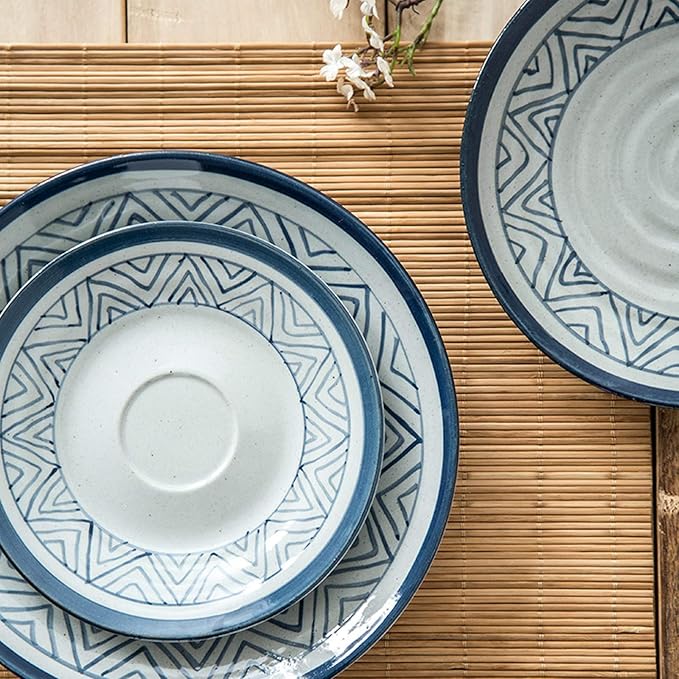 New Dinnerware Sets,Porcelain Dinnerware Sets, 28 Pieces Ceramics Dinner Combination Set | Hand Painted Blue and White Lines Cereals Bowls and Steak Plates Sets,