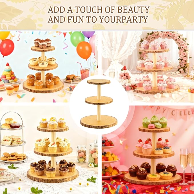 3 Tier Cupcake Tower Stand,Round Dessert Display Platter,Wooden Cake Tiered Display Stand for Birthday,Wedding,Wedding,Tea Party Decoration,Baby Shower,Party