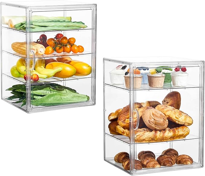 Pastry Display Case,Bread Box for Kitchen Countertop,4 Layers Adjustable Clear Bread Storage with Magnetic Door Bakery Pastry Display15.5x11.4x9.8inch,4 Pack