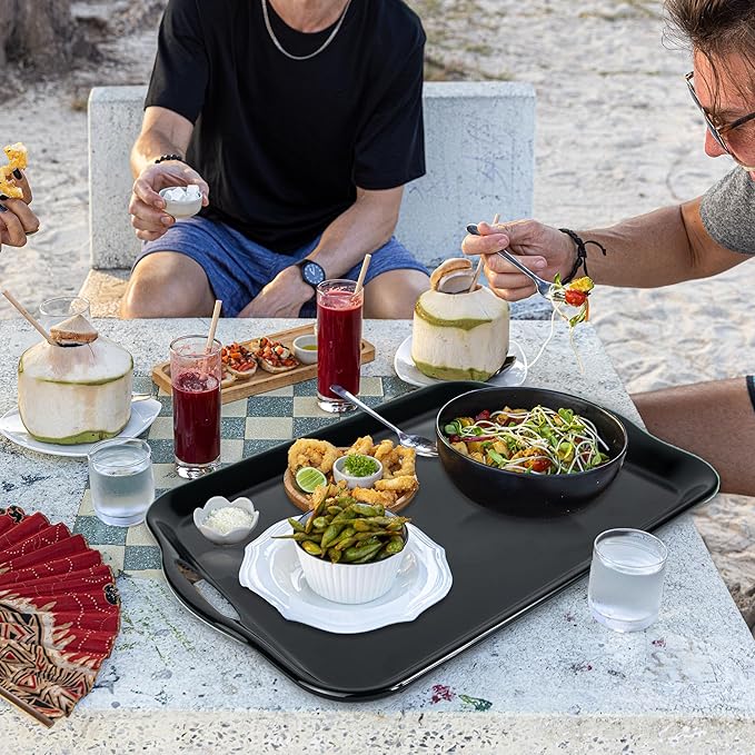 17.5 x 12’’ Large Melamine Serving Tray with Handles, Set of 2 Rectangular Melamine Serving Platters, Dishwasher Safe Trays for Eating, Appetizer, Charcuterie, Snack, Fruits, Desserts, Black