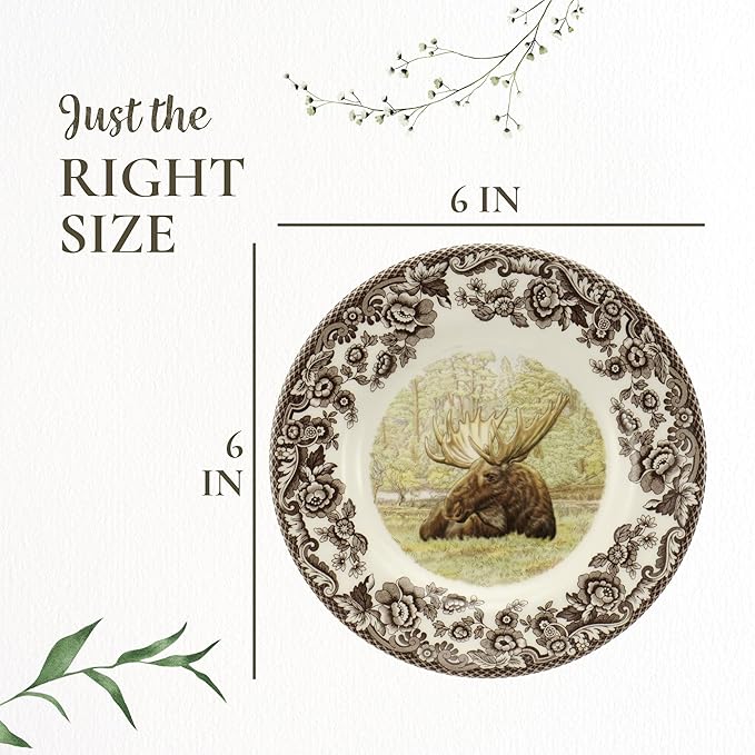 Spode Woodland Bread and Butter Plate | 6" Appetizer Plate with Majestic Moose Motif | Small Dessert Plate Made from Fine Earthenware | Microwave and Dishwasher Safe