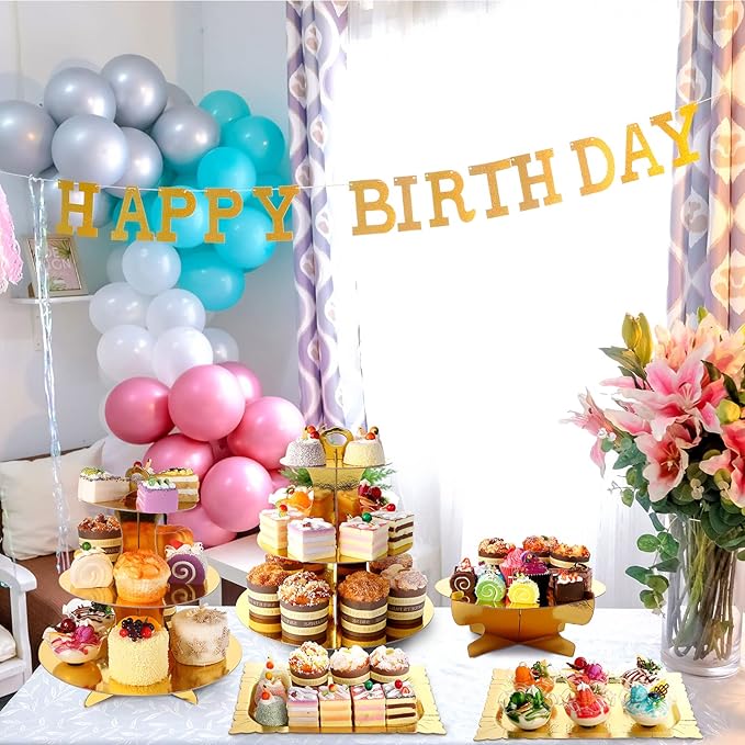 Zopeal 7 Pcs Dessert Table Display Set 3-Tier Cupcake Stand 1-Tier Cup Cake Display Tower Platters and Serving Trays Cardboard Cake Cookie Holders for Wedding Birthday Party Baby Shower(Gold)