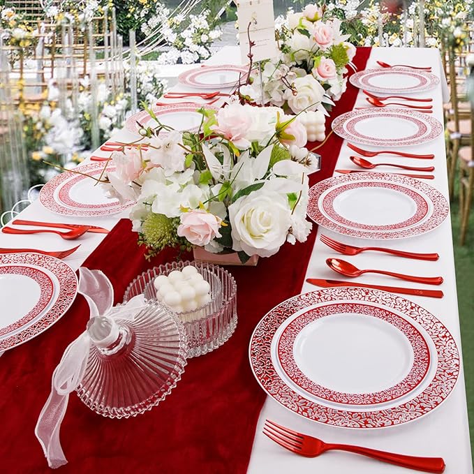 U-QE 150PCS Red Plastic Plates with Plastic Silverware, Red Disposable Plates Include 30 Dinner Plates 10.25", 30 Salad Plates 7.5",30 Forks,30 Knives,30 Spoons Perfect for Party
