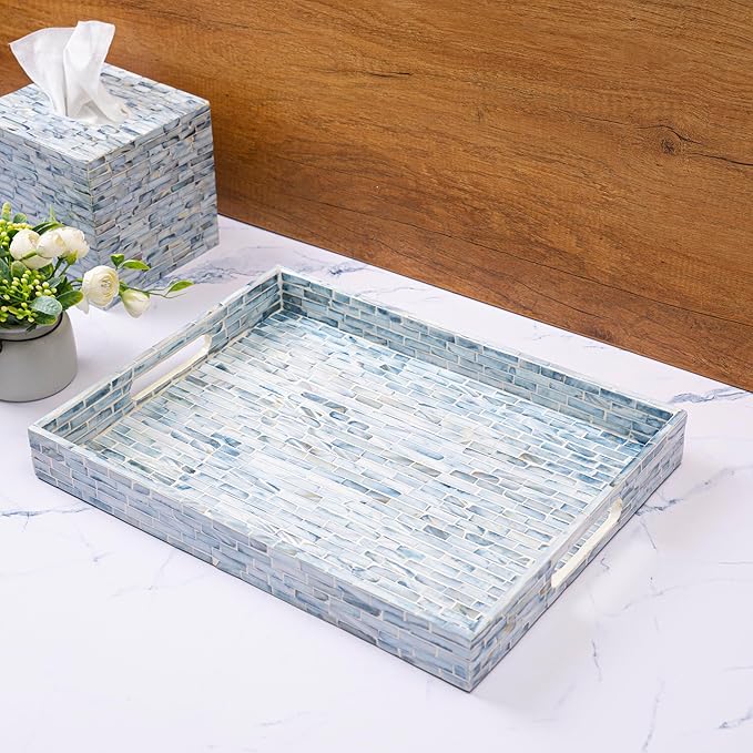 CLAYNIX Serving Tray 15.7" X11.8 Wooden Lacquer Tray with Mother of Pearl Inlay, Elegant Tea & Breakfast Tray with Handles (Rectangle)