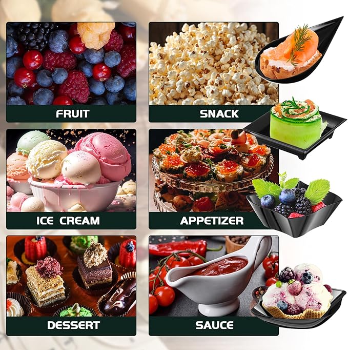 Tessco 200 Pcs Mini Appetizer Plates with Spoons Forks Disposable Mini Dessert Plates Plastic Appetizer Bowls Tiny Individual Serving Trays for Party(Black,Classic)