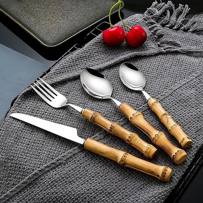 bamboo silverware set for 6,18/8 stainless steel bamboo handle flatware sets cutlery set for dinning,forks and spoons set for home and kitchen, gift for mother and wife