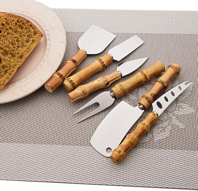 Gugrida Flatware Silverware Serving Set Silver Stainless Steel Hostess Serving Utensil Set with Bamboo Handle Dishwasher Safe, 6pieces Cheese Knife Set