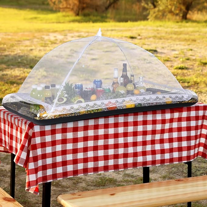 8 Pcs Glitter Inflatable Serving Bar Kit Includes 2 Salad Buffet Tray with Drain Plug 5 Mesh Food Cover 1 Inflator Inflatable Food Drink Containers for Outdoors Pool Party Camping(Black)