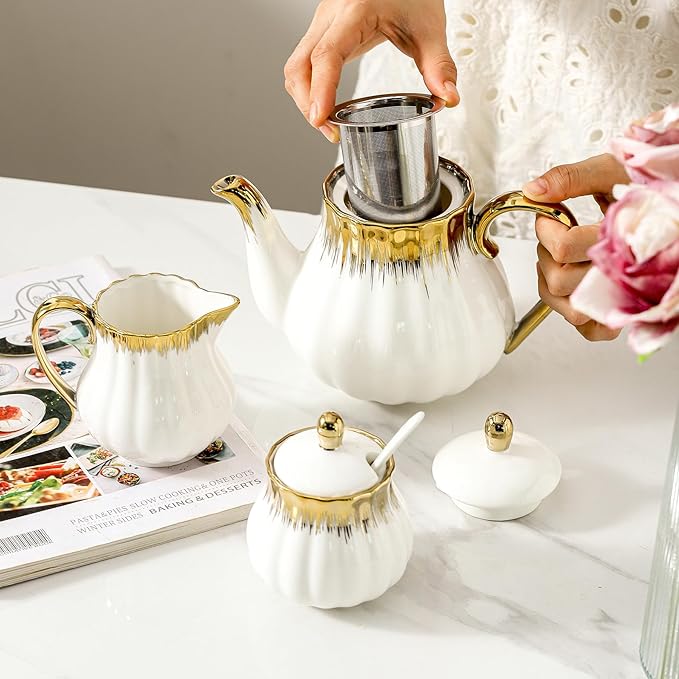 Ceramic Sugar and Creamer Set, White Sugar Bowl & Creamer Set with Gold Trim, 3 Piece with 10oz Cream Pitcher, 11oz Sugar Bowl with Lid and Spoon, Coffee Serving Set for Café, Afternoon Tea