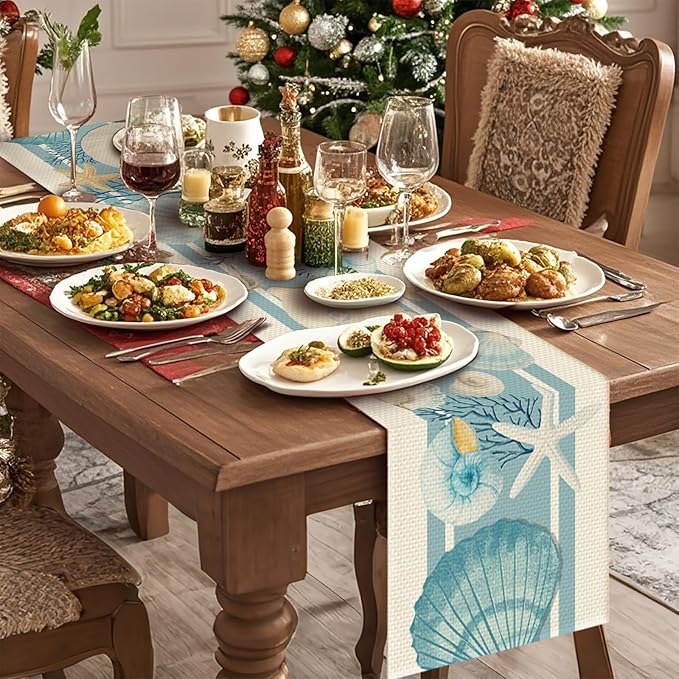 Seashells Starfish Table Runner Seasonal Holiday Kitchen Dining Linen Table Decoration for Indoor Outdoor Home Party Decor 13 x 72 Inch