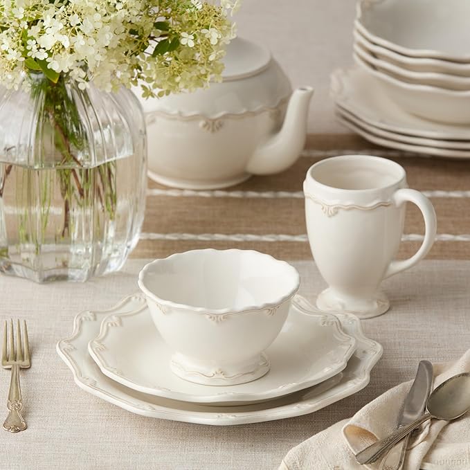 Heritage Beads 16pc Stoneware Dinnerware Set – Classic Cream White Plates, Bowls & Mugs with Raised Bead Accents – Elegant Vintage-Inspired Tableware, Service for 4, Dishwasher Safe