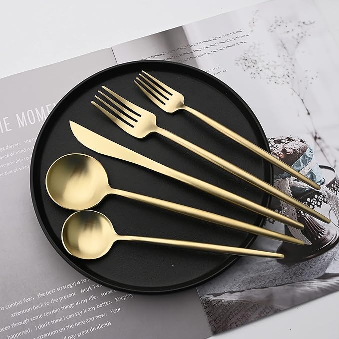Flatware Set 18/10 Stainless Steel Matte Champagne Gold - Kitchen Utensil Serving Set of Dinner Fork Knife Spoons Salad Fork Dessert Spoon,5 Piece Set of 1 (Champagne Gold)