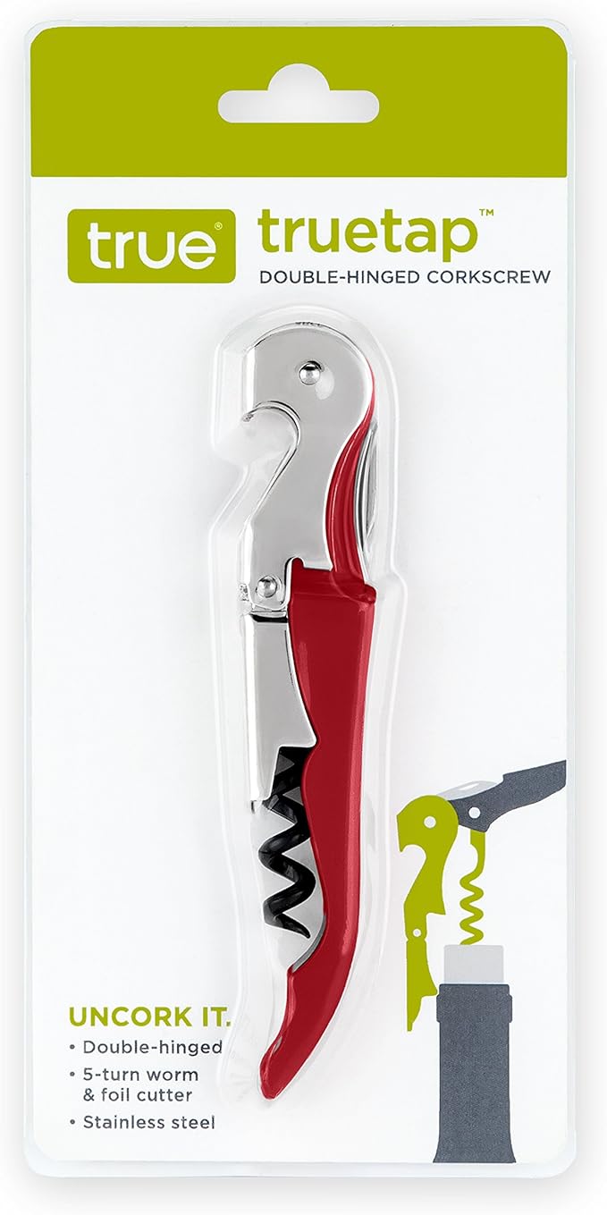 True Brands TrueTap Double Hinged Waiters Corkscrew, Top-notch Stainless Steel Opener with Foil Cutter Built to Last Wine Key Metallic Red, Set of 1