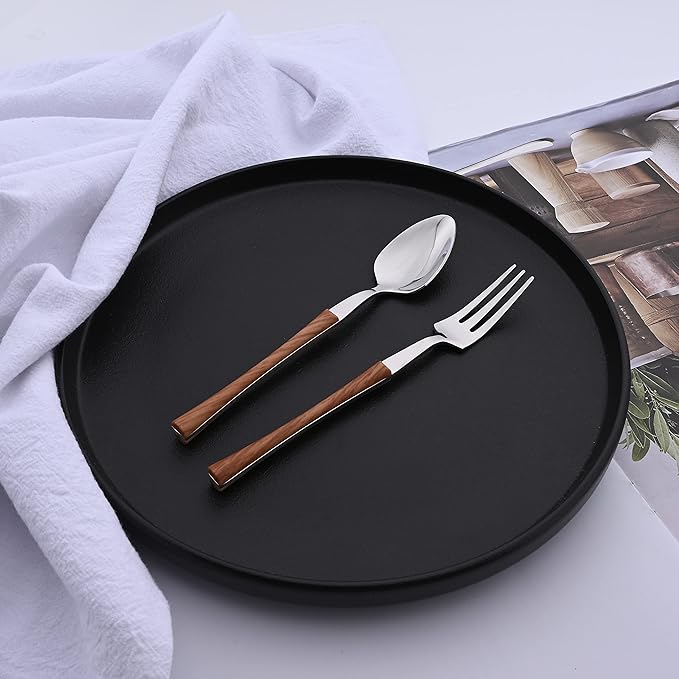 20 Piece Stainless Steel Cutlery Flatware Set, Mirror Polished Silverware Set with Wood Grain Handle, Kitchen Utensil Sets for 4, Tableware With Knife Spoons And Forks Set (Brown Silver)
