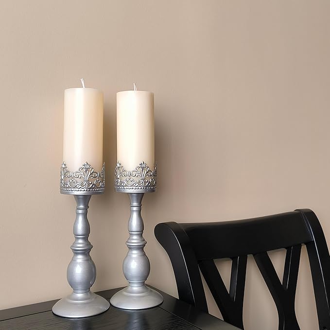 Candle Holders for Pillar Candles Gothic Matte Black Vintage Tall Candle Holders Set of 2 Decorative Large Table Centerpieces Candle Stand Decor (Pearl Silver 2PCS A)