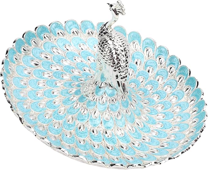 Zerodis Decorative Peacock Serving Tray, Zinc Alloy Fruit Platter, Elegant Storage Centerpiece for Home Kitchen Table, Snacks Cookies Display (Silver Light Blue)