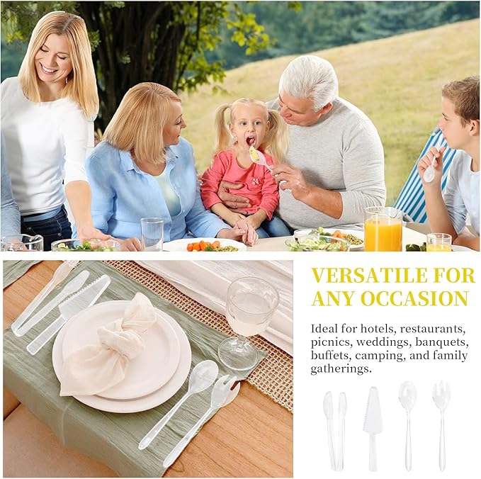 32 Pcs Disposable Plastic Serving Utensils Set with 8 Pcs 9.7" Spoons Forks, 8 Pcs 9.5" Knives, and 8 Pcs 6.3" Tongs for Serving Food, Cake, Birthday Party, Buffet, and Cutlery (Clear)