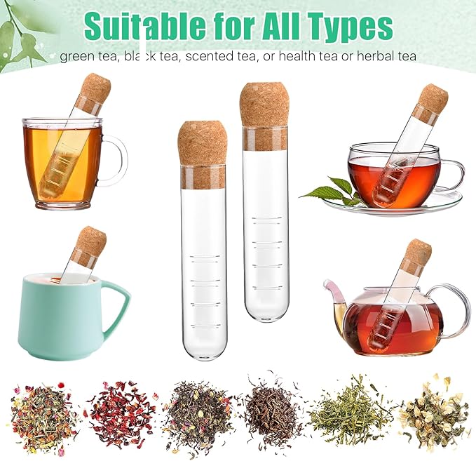 6 Pcs Glass Tea Infuser with Cork, Clear Tea Strainer, Reusable Tea Steeper for Loose Tea, Fits for Cups, Mugs and Teapots Portable for Travel, Home, Office