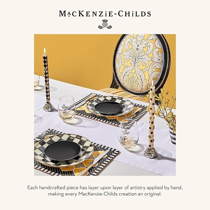 MACKENZIE-CHILDS 5-Piece Flatware Set, Cute Silverware Set with Salad Fork, Dinner Fork, Knife, Spoon, and Teaspoon, Gold Check