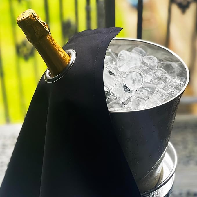Classic Collection, Bottle Cloth with Metal Ring for Ice Buckets, Cotton, 42 cm, Corner Hole (Black with Charcoal Metal Ring, Pack of 5)