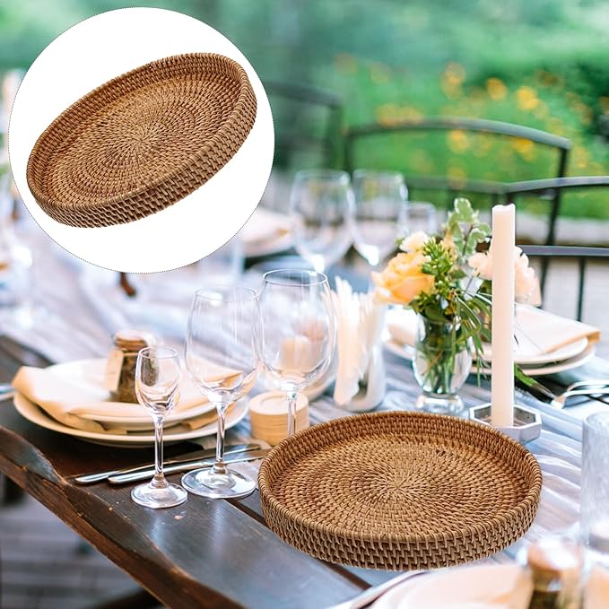 DOITOOL Stackable Rattan Serving Tray Multi-Function Woven Fruit Plate for Snacks Desserts and Coffee Storage for Home Decor and Entertaining