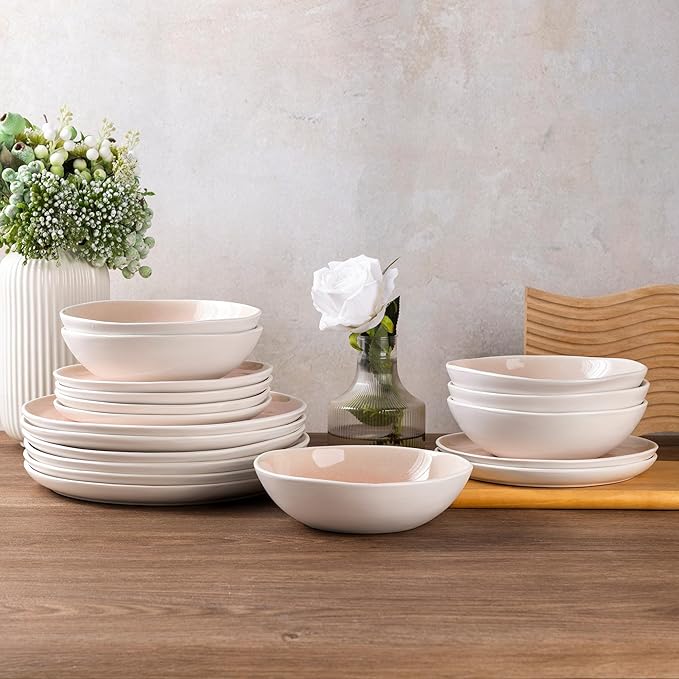 AmorArc Ceramic Dinnerware Sets,Handmade Reactive Glaze Stoneware Plates and Bowls Sets,Highly Chip and Crack Resistant | Dishwasher & Microwave Safe Dishes Set,Service for 4 (12pc)-Pink
