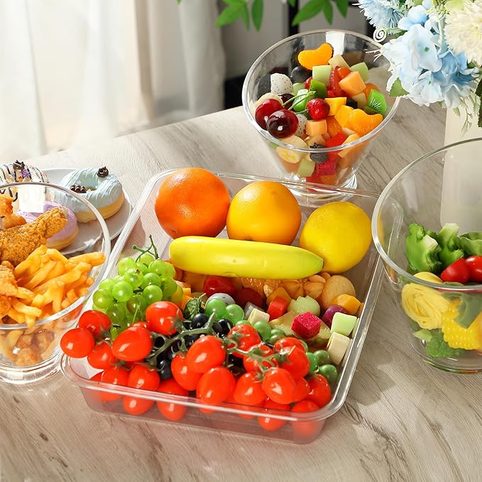 Rtteri 8 Pcs Acrylic Angled Salad Bowls and Serving Trays Set Includes 6 Pcs Large Plastic Clear Serving Bowls and 2 Pcs Rectangle Serving Platters for Party Snack Weddings