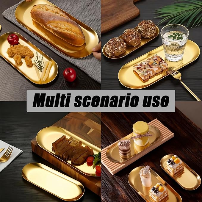 2 Pcs 7x3.35Inch Gold Stainless Steel Decorative Tray, Oval Stainless Steel Small Serving Trays for Tea Fruit, Jewelry Plate, Decorative Storage Tray