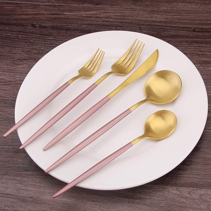 Bysta 5-Piece Stainless Steel Flatware Set, Matte Gold Silverware Set with pink handle, Kitchen Utensil Set Service for 1, Tableware Cutlery Set for Home and Restaurant, Dishwasher Safe