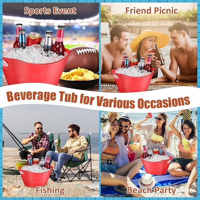 Norme 24 Pcs Oval Storage Tub with Handles 4.5L Plastic Ice Bucket, Wine, Beer, Champagne Drink Cooler for Parties, Beverage Storage Basket(Red)