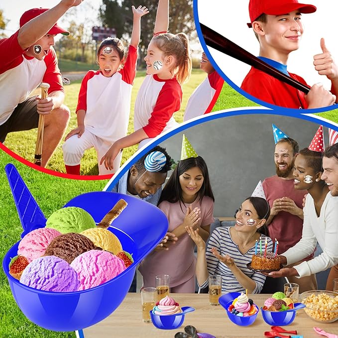 MEEZY 50 Set Baseball Helmet Ice Cream Bowls with 25 Mini Dessert Cups and 25 Spoons, 8oz Reusable Baseball Cap Snack Dessert Cup Bowls Baseball Party Favors for Kids Sports Birthday Party Supplies