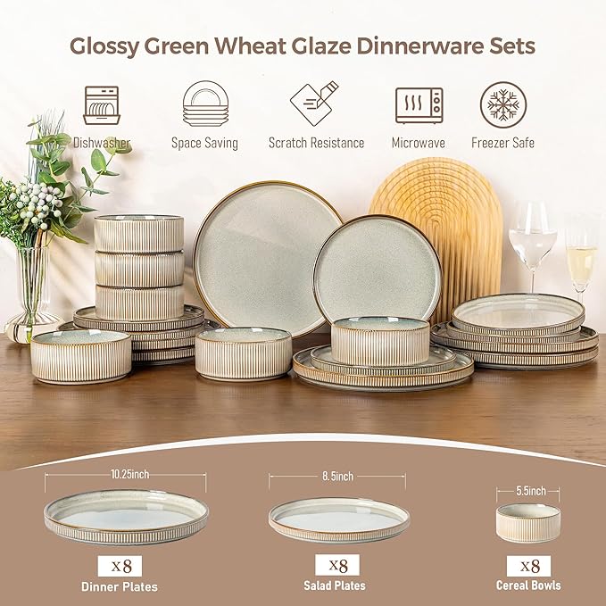 GBHOME 24-Piece Stoneware Dinnerware Set for 8 – Ribbed Ceramic Plates and Bowls, Scratch-Resistant, Microwave & Dishwasher Safe, Reactive Glaze, Mist Green