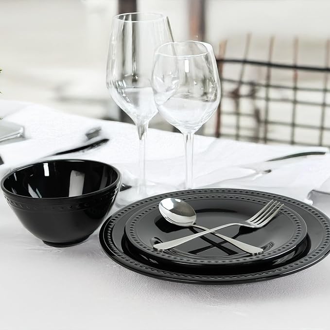 Black Melamine Dinnerware Sets of 12 Pcs, BPA Free Dishes Set, Plates and Bowls Sets for Indoor Outdoor Dining on the Beach, RV, Camping Use,Lightweight Unbreakable Dishwasher Safe