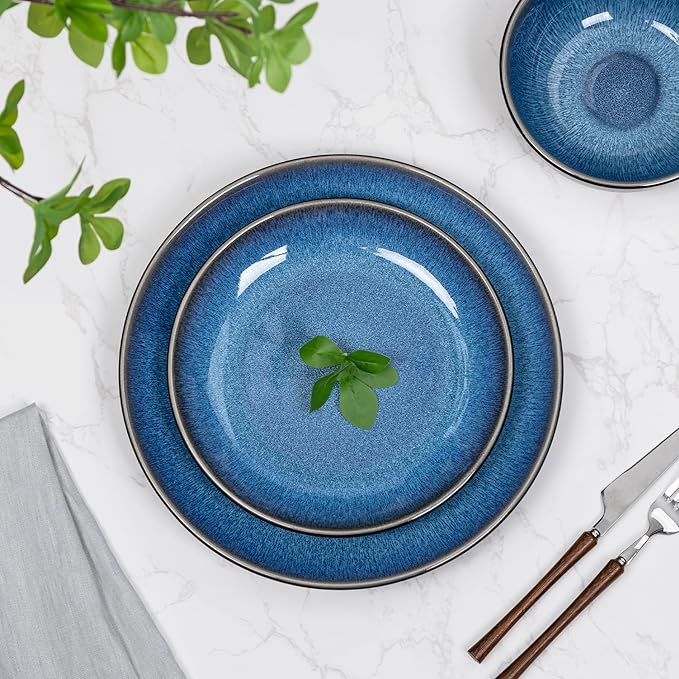 Plates and Bowls Sets for 8 - CJDC-QUELO 32-Piece Stoneware Dinnerware Sets, Ceramic Dishware Set for Indoor Kitchen Use and Formal Dining, Chip and Scratch Resistant Microwave Dishwasher Safe, Blue