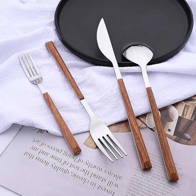 Silverware Set for 4, 16-Piece Stainless Steel Flatware Cutlery Set, Tableware Eating Utensil Set with Wooden Effect Handle, Include Knife Fork Spoon, Mirror Polished, Dishwasher Safe