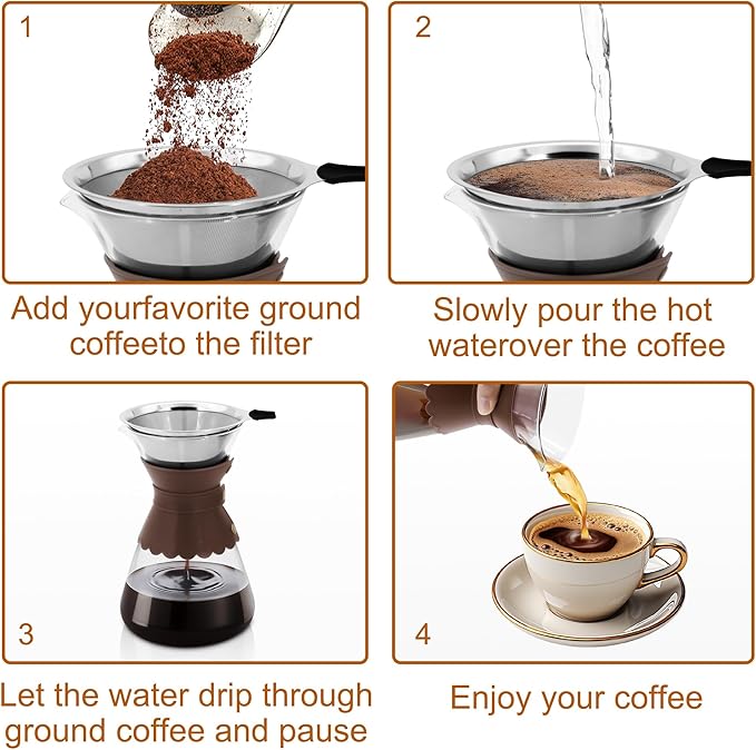 34oz Pour Over Coffee Maker with Double Layer Stainless Steel Filter, Borosilicate Glass Dripper, Detachable Heat-Resistant Leather Pad 7-8 Cups Coffee Maker CarafeοΌDark brownοΌ