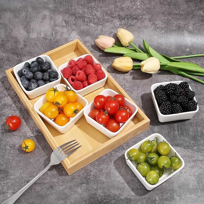 Ceramic Snack Bowls with Bamboo Tray Set,Divided Serving Bowls and Platters for Hosting & Party,Removable Serving Dishes for Chips and Dip,Fruit,Veggies,Candy and Snacks Kitchen Decor (6)