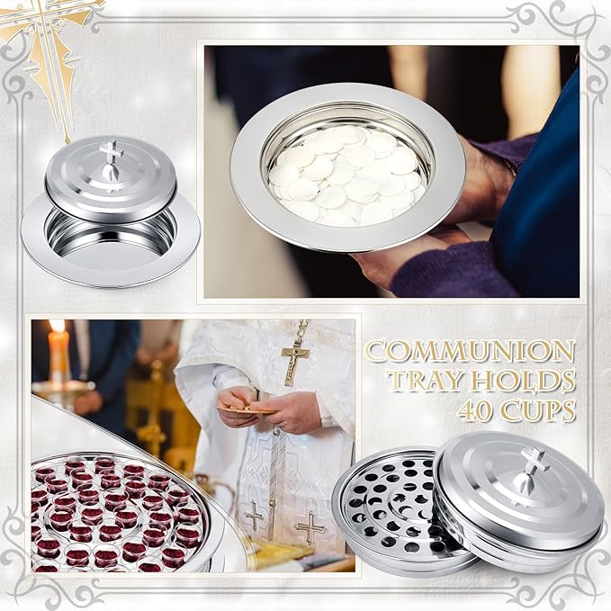 Zhehao 3 Pcs Communion Set Holy Trays for Churches with Lid Communion Plates with Lid Churches Cups Filler and Disposable Cups Supplies (Silver)