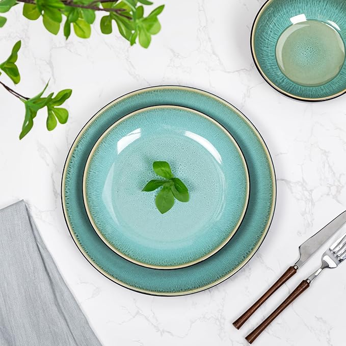 Plates and Bowls Sets for 4 - CJDC-QUELO 16-Piece Stoneware Dinnerware Sets, Ceramic Dishware Set for Kitchen Use and Formal Dining, Chip and Scratch Resistant Microwave Dishwasher Safe, Green