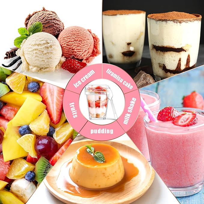 Sieral 100 Pack Plastic Dessert Cups with Lids and Spoons, Mini Clear Yogurt Parfait Cups with Stickers Small Appetizer Container for Fruit Pudding Shooter Party Wedding Halloween Christmas(Square)