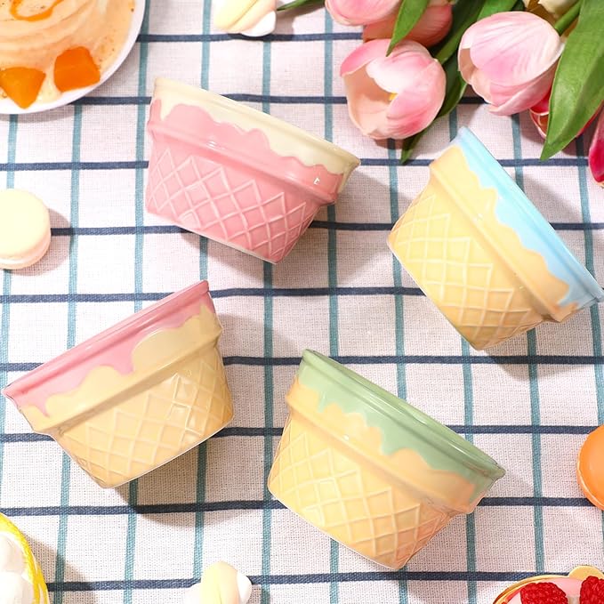 Honeydak 4 Pcs Ice Cream Ceramic Bowls 9 oz Waffle Ice Cream Cups Reusable Sundae Dessert Snack Containers for Christmas Summer Kid Adult Birthday Home Yogurt Soup Bar Party Supplies