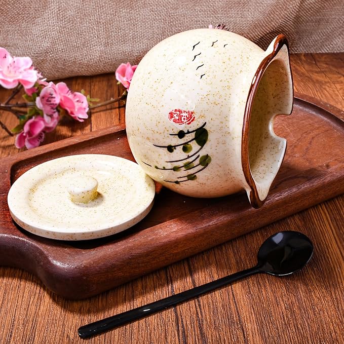 Japanese Willow Pattern Ceramic Sugar Jar & Spice Container with Lid & Stainless Steel Spoon Set – Kitchen Storage, Elegant Sakura Design,Gift