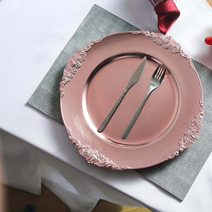 13" Charger Plates -Set of 24 - Acrylic Rose Gold Round Baroque Disposable Chargers Leaf Embossed Rim, Ideal for Dinner Party Wedding Bulk Events