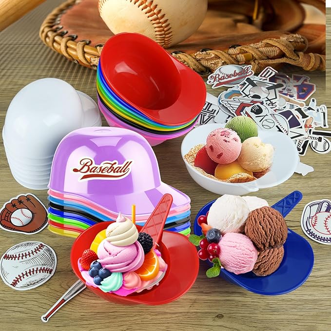 MEEZY 16 Set Baseball Helmet Ice Cream Bowls with 8 Mini Dessert Cups and 8 Spoons, 8oz Reusable Baseball Cap Snack Dessert Cup Bowls Baseball Party Favors for Sports Birthday Party Supplies
