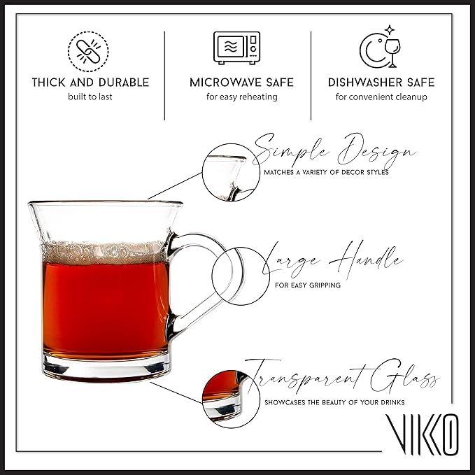 Vikko Glass Coffee Mugs, Thick and Durable 10 Ounce Coffe Cup, Microwave and Dishwasher Safe, Set of 12 Clear Glass Mugs