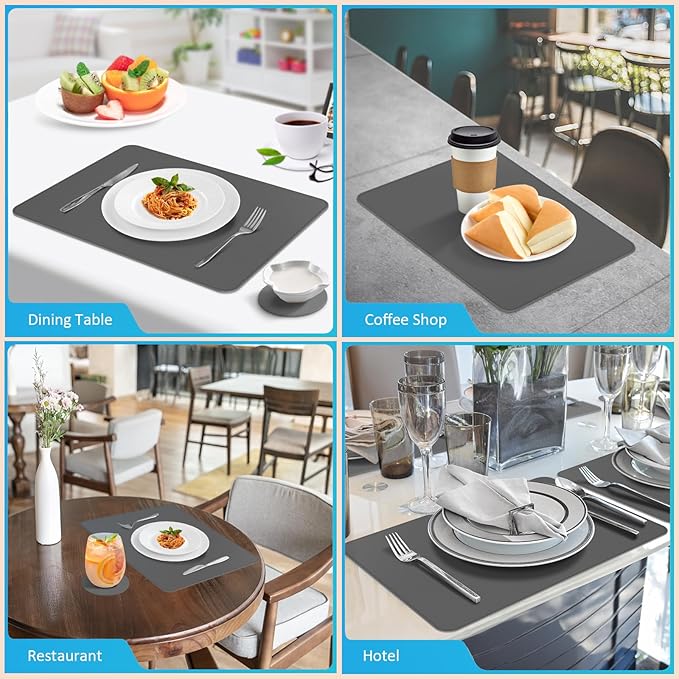 Vinyl Placemats Set of 6, Faux Leather Heat Resistant Kitchen Place Mats, Waterproof Wipeable Dining Table Mats and Coasters for Indoor, Outdoor (Gray)